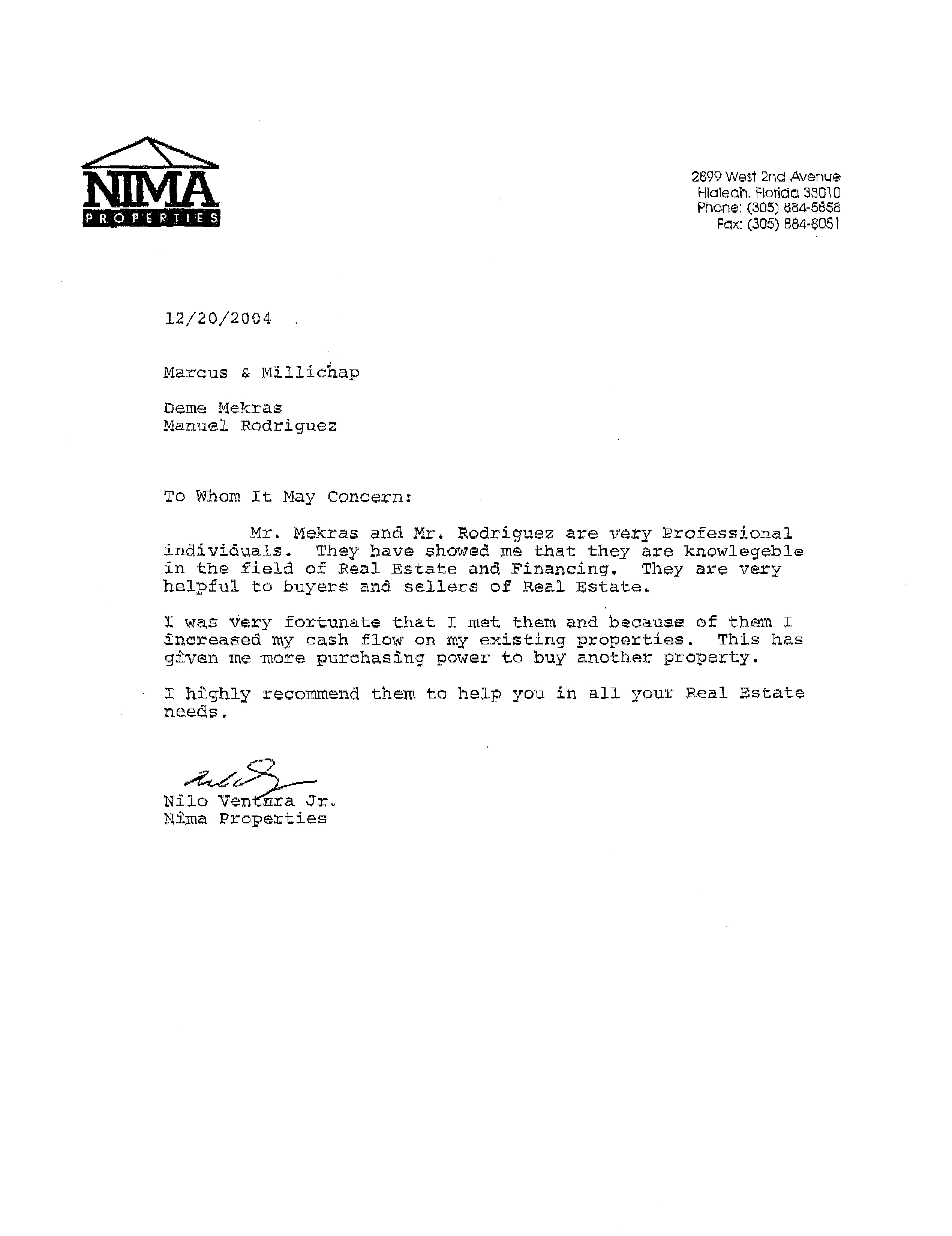 2004 nima properties letter of recommendation msp group real estate letter of recommendation